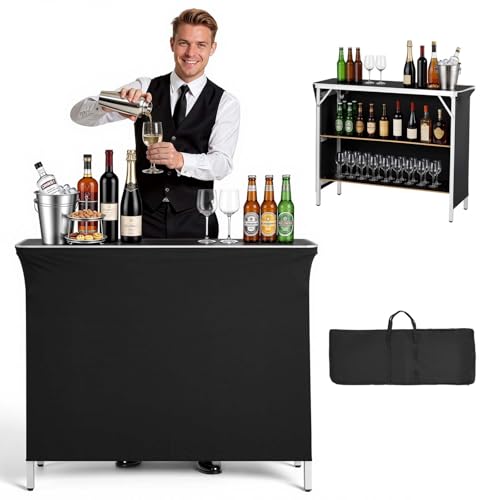 Image of VEVOR Folding Portable Bar Table, 43.3 x 15.2 x 34.8 in, with Carry Bag, 2 Storage Shelves, and Detachable Skirt, Quick and Easy Setup, Foldable Mobile Bartending Station for Events, Party, Tradeshow