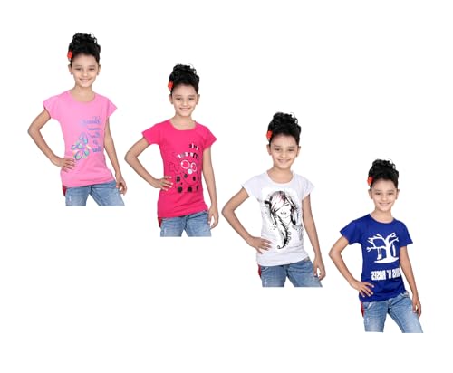Image of indi weaves Girls Pure Cotton Chest Printed Half Sleeves Round Neck T-Shirts (Pack of 4)