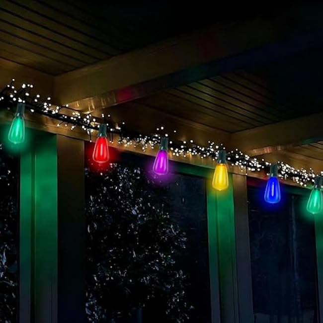 LED Outdoor String Lights Waterproof 50FT Christmas Patio Lights with 27 ST38 Shatterproof Multicolor Bulbs(2 Spare), Connectable Outside Hanging Christmas Lights for Backyard Yard Gazebo Porch Party