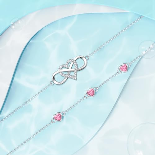 Image of Dorunmo 925 Sterling Silver Infinity Heart Birthstone Anklet Bracelets for Women Best Mother's Day Birthday Jewelry for Wife Girlfriend Mom Her