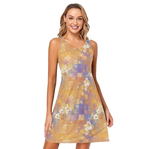 FRODOTGV Robe d'été rétro à carreaux avec motif floral et peinture à l'huile pour femme, Tableau à damier rétro Groovy Fleur Peinture à l'huile, Taille...