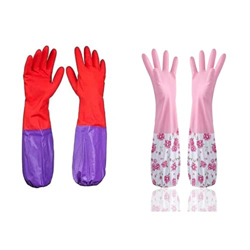 Image of Reusable Rubber Latex PVC Flock lined Long Sleeves elbow length Hand Gloves for Kitchen Dish-Washing, Cleaning, Gardening, Laundry and Sanitation and Lab Work (Long Elbow Gloves + Pink)