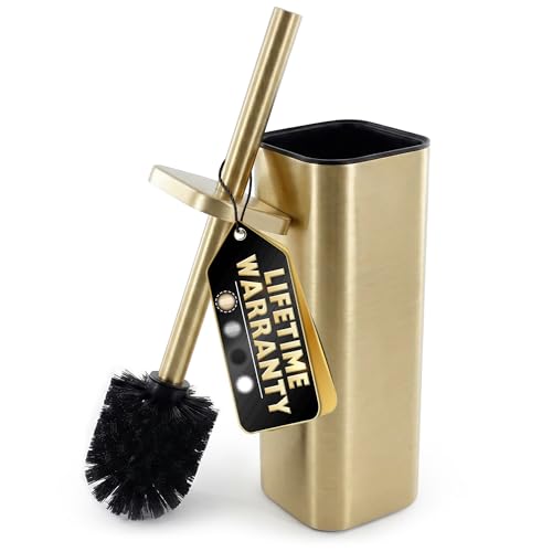 Image of Gold Toilet Brush with Square Holder - Toilet Brush and Holder Set Gold, Stainless Steel Handle with Splash Shield, Replaceable Head and Removable Inner Cup - Freestanding Bathroom Toilet Cleaning Set