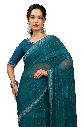 Image of MIRCHI FASHION Saree for Woman Georgette Solid with Satin Stripes | Stone Border Farewell and Ceremonial Sari with Blouse Piece