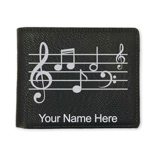 LaserGram Faux Leather Bi-Fold Wallet, Music Staff, Personalized Engraving Included (Black with Silver)