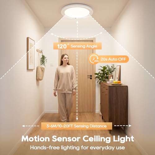 Image of 2 Pack Rechargeable Motion Sensor Ceiling Light, 8000mAh Battery Operated Ceiling Lights with Remote, Magnetic Wireless Closet Light, 3 Color Dimmable LED Lights for Closet Shower Pantry Hallway
