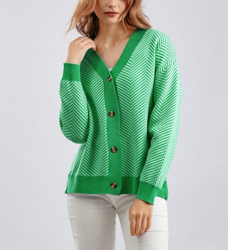 chouyatou Women's 2025 Button Down V Neck Cardigans Herringbone Striped Sweater Cardigan Jacket Outerwear Coat4