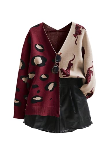 Image of WDIRARA Women's Leopard Tiger Print Cardigan V Neck Long Sleeve Color Block Button Down Sweater Outwear