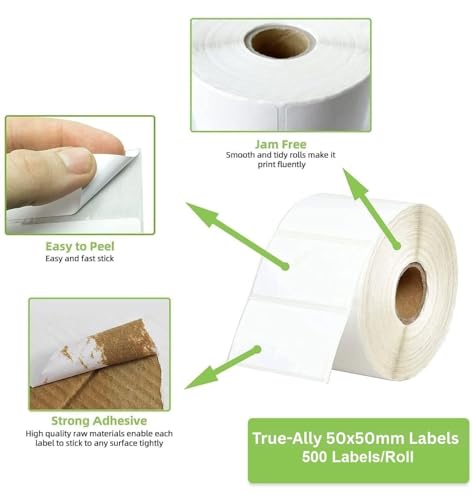 Image of True-Ally 20 Pcs 50x50 Direct Thermal (DT) Square Barcode Label Sticker - 2 x 2 inch -50mm x 50mm - 500 Labels /Roll - White Self Adhesive for Printing Barcoding Labels (Pack of 20)