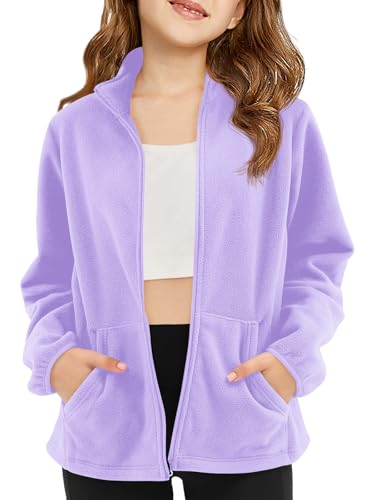 Haloumoning Girls Fleece Jacket Kids Zip Up Stand Collar Coat Fall Winter Outerwear with Pockets 5-14 Years