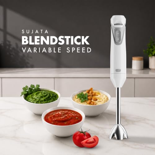 Image of Sujata Blendstick Hand Blender | 600W Heavy Duty Motor | Variable Speed Control | Stainless Steel Shaft | 18000 RPM | Professional Immersion Blender | Easy Clean | White