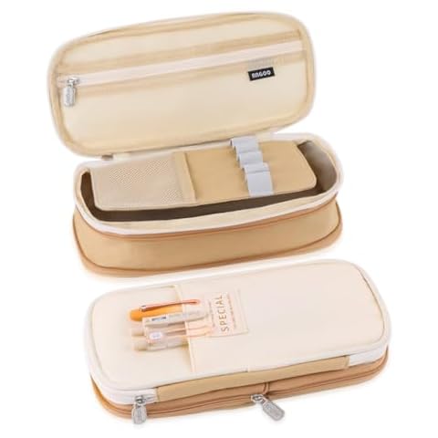 iSuperb Foldable Pencil Case Zipper Big Capacity Canvas Pencil Pouch Stationery Organizers Pen Bag Compartments Cosmetic Makeup Bags for Women (Khaki+Beige) Cover