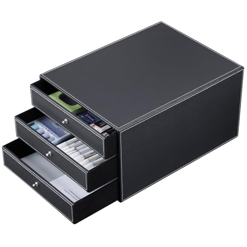 KINGFOM 3-Drawer 3-Layer Wood Structure Leather Desk Filing Cabinet File/Document Holder Organizer Storage Box (style B black)