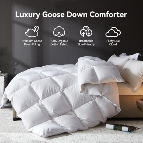 Image of L LOVSOUL Goose Feather Down Fiber Comforter Oversize Queen Size, 100% Organic Cotton Fabric Duvet Insert,1200TC,750+FP, Hotel Collection, Heavyweight White with 8 Tabs,96X96IN