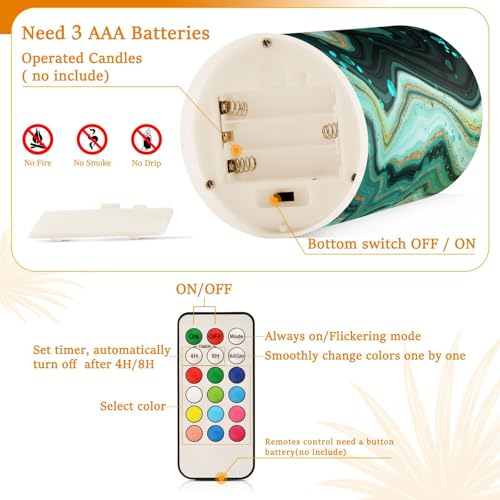 Image of Eionryn Gold Marble Green Flameless Candles Turquoise Teal Battery Operated LED Candles with Remote Timer Electric Candles for Home Party Decor 2pcs