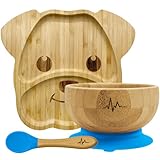 natural styles & more® Bambus Kindergeschirr Set⎪4-Teiliges Kinder Geschirrset⎪Bambus Schüssel und Teller mit Saugnapf inkl. 2 Löffel⎪Ideal für Baby Led Weaning⎪Twin Pack Pretty Puppy (Blau)