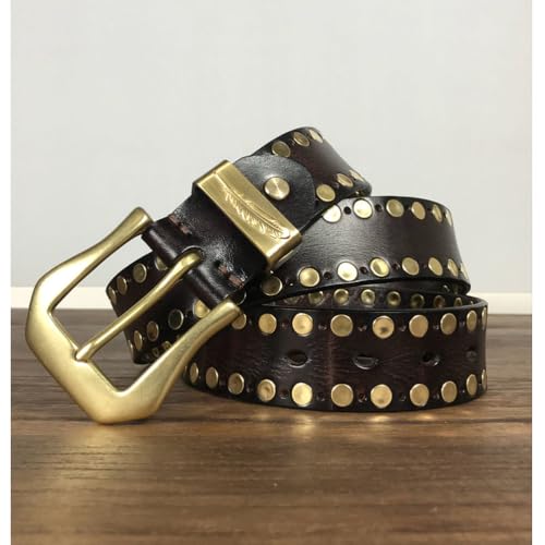 Studded Belt Men, Adjustable Leather Rivet Punk Casual Cowhide Belt for Men with Brass Metal Pin Buckle,Brown,120CM/47.3''2