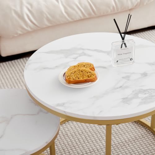 Miniatura 7 de Jzgorc Juego De 2 Mesas De Centro Redondas, Mesa De Centro Apilable, Tapa Con Patrón De Mármol, Patas De Metal Chapadas En Oro, 60 45 Cm Y 40 35 Cm - Oro Blanco