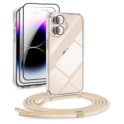DiDaDi [5 in 1 Handykette Set für iPhone Necklace Hülle mit Bands+Transparent Schutzhülle+2*Schutzfolie+kameraschutz Glas, Schutzhülle zum Umhängen Kordel Case