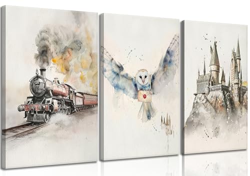 Image of 3pcs Magic Nursery Canvas wall art Express train Snowy owl Magic castle Painting Wall Decor Neutral watercolor Poster Print Artwork for Kid Baby Nursery Home Decoration