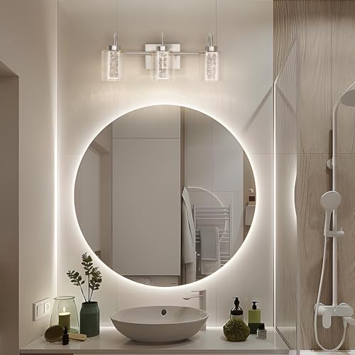 Image of Litake Bathroom Light Fixtures, 3 Light Brushed Nickel Bathroom Vanity Light Over Mirror with Crystal Bubble and Clear Glass Dimmable 3 Color Temperatures for Hallway Kitchen Bedroom Living Room