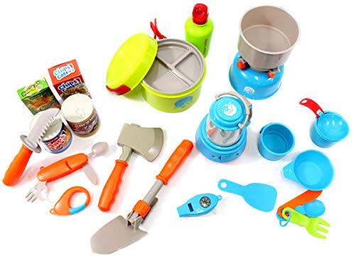 PowerTRC Camping Gear Tools Includes Shovel Handaxe Knife Utensils Cooking Pot Lantern and Food Toy Playset (20 Pieces)