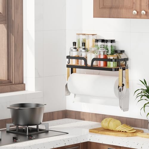 Image of Taozun Paper Towel Holder Wall Mount, Kitchen Paper Holder Spice Rack Black Paper Towel Roll Holder RV Paper Towel Rack with 4 Hooks(2 Installation Methods - Self-Adhesive and Drilling)