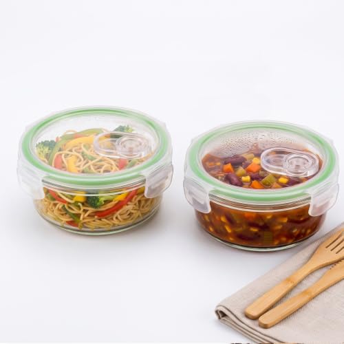 Image of Round Borosilicate Glass Containers with Air-Vent Lids, 420 ml, Set of 2 | Airtight & Leakproof | Microwave, Freezer & Dishwasher Safe for Kitchen, Fridge and Lunch