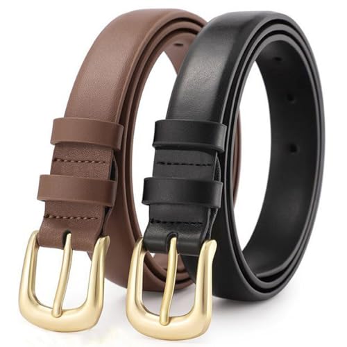 LUFFLOK Cinture in Pelle PU, Cintura Marrone Nera Firmata per Donne e Uomini, Cintura in Pelle Regolabile, Sottile in Pelle per Vita (Nero + Marrone)