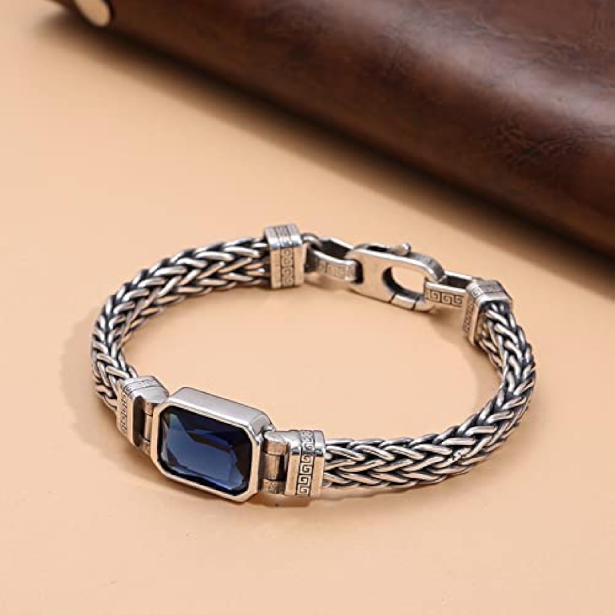 Woven Braided Steel Bracelet with Square Stone