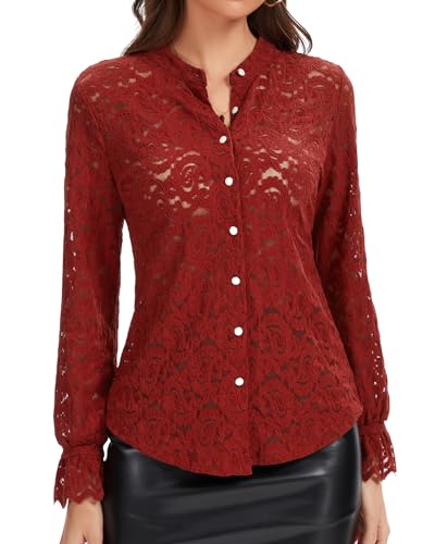 WOWENY Chemisier élégant en dentelle à manches longues pour femme avec col boutonné, rouge bordeaux, XXL