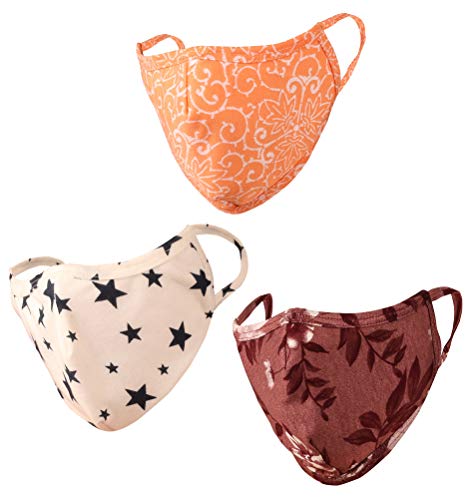 Touchstone Soft Cotton Knitted Face Mask - Medium Size Comfortable Washable Double Layer. (Pack of 3). Orange Brown White