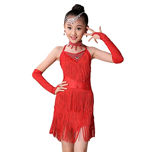 Maritown Chicas Lentejuelas Baile Latino Vestido de Borla Samba Tango Salsa Salsa Danza de Salón de Baile Disfraces de Baile para Niños de 3 a 15 Años (NO Incluye Decoración de Cabeza y Orejas) Cover