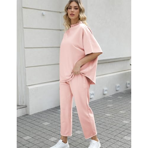 Image of SeeLuNa Women's Two Piece Outfits 3 /4 Batwing Sleeve Capelet Crew Neck Pullover Top Wide Leg Pants Lounge Set