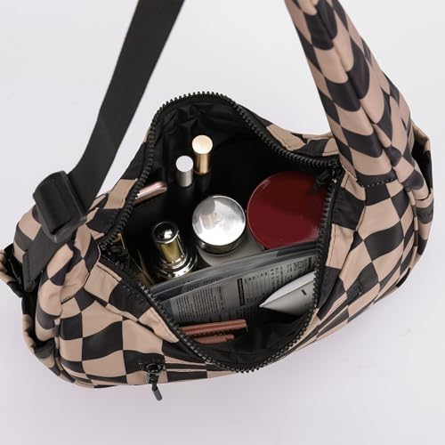Checkered Shoulder Bag for Women Crescent Bag Small Shoulder Purse Nylon Handbags with Adjustable Strap4