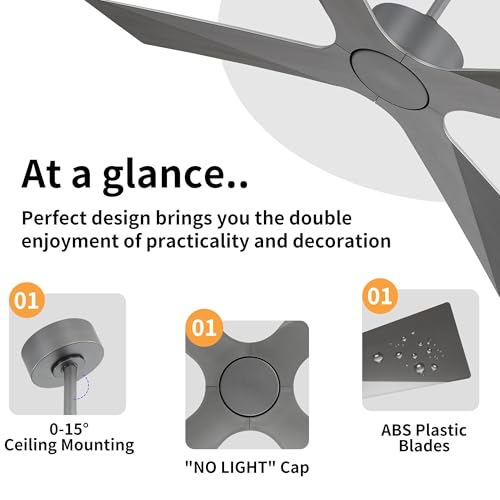 Image of WINGBO 64 inch Wet Rated Outdoor Ceiling Fan without Lights, 4 ABS Plastic Blades, 6-Speed Reversible Quiet DC Motor, Waterproof Ceiling Fan No Lights for Patio Porch Gazebo Garage, Brushed Graphite