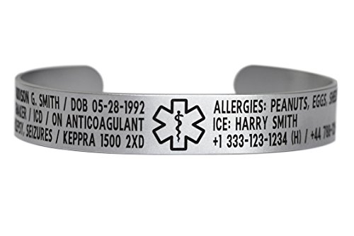 Dolceoro Medical Alert ID Bracelet Cuff 12mm Wide, 316L Stainless Steel - Customize and Personalize Your Conditions