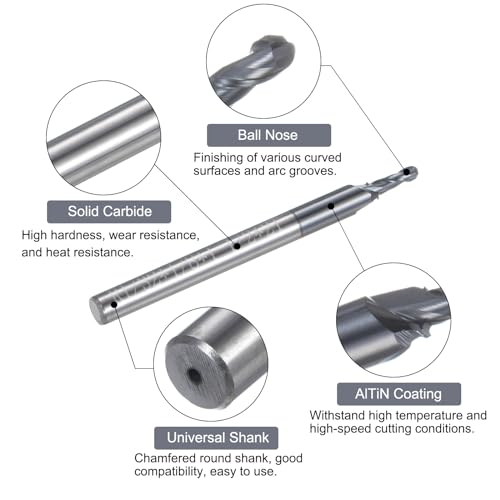 Image of uxcell Ball Nose End Mill CNC Router Bit, 1 /32 inch Radius 1 /8 inch Shank Solid Carbide AlTiN Coated Upcut Spiral 2 Flutes Cutter Milling Tool, 1 /16 inch Dia 1-1 /2 inch Total Length