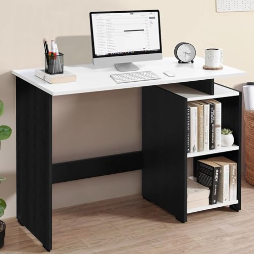 Image of ABOUT SPACE Study Table with 2 Tier Bottom Storage - Office Desk - WFH /Office Computer Table for Laptop, Home PC- Engineering Wood Working, Drawing (Black Mahogany & White-L 100 x B 50 x H 75 cm)