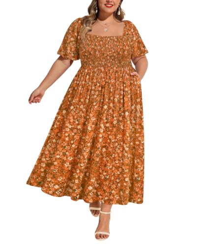 Image of RITERA Plus Size Dresses for Curvy Women Square Neck Short Sleeve Summer Floral Smocked Maxi Dress with Pocket XL-5XL