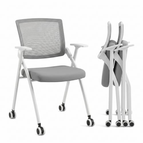 Image of Folding Office Chair Conference Room Chair with Armrest Mesh Back, Stackable Foldable Office Chair for Guest Reception Meeting Classroom Training Seminar (50, Gray- with Wheel)