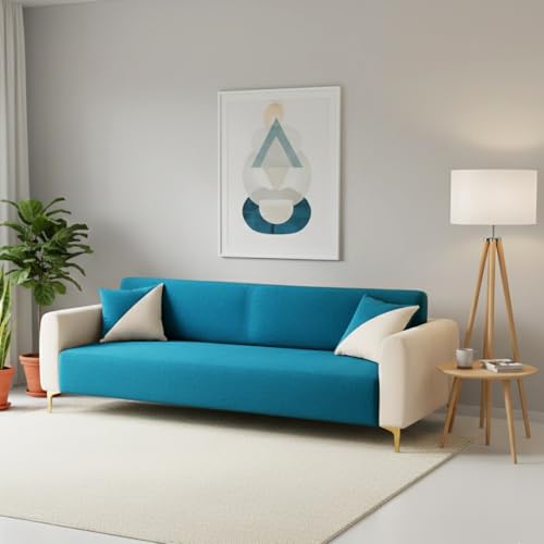 Image of Opera 3 Seater Fabric Sofa Set | Soft Velvet Upholstery, Sturdy Wooden Frame | Modern Sofa for Living Room, Hall & Office Spaces (Aqua Blue-Cream)