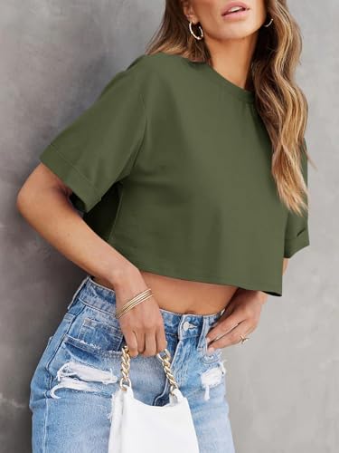 Image of Tankaneo Women Crop T-Shirts Half Sleeve Drop Shoulder Cropped Tops Y2K Casual Summer Basic Tees