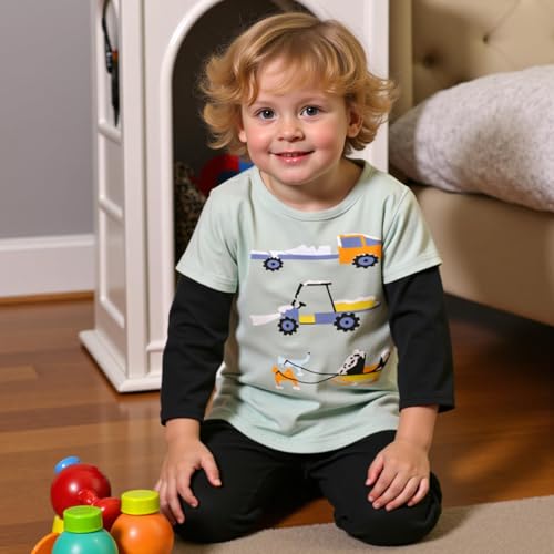 Little Bitty Boys Long Sleeve T Shirts Three Car Patterns Black and Mint Green Color Combo 2-8Y4
