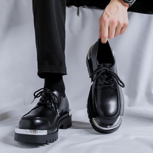 Mens Fashion Lace-Up Metal-Plate Leather Platform Oxfords Shoes Casual Round Toe Non-Slip Chunky Heels Derby Shoes for Business Casual Dress Prom Party2