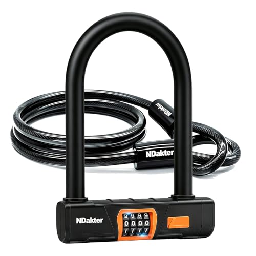 NDakter Bike Locks Heavy Duty Anti Theft, Combo Bike U Lock, 4-Digit Resettable Combination Bicycle Lock, Large U Shaped Ebike Lock with 5Ft Steel Cable for Electric Bike, Escooter, Motorcycle,Door