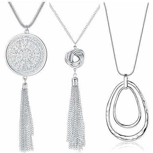 KAMRESH 3PC Long Pendant Necklaces Knot Disk Circle Tassel Statement Sweater Necklace Set for Women (Silver)