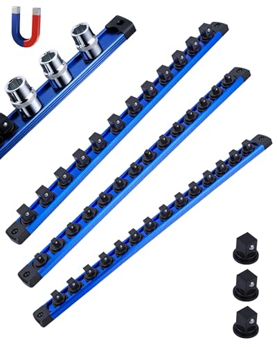 HIPULX Magnetic Socket Rail 3/8 Socket Organizer Mix-And-Match Heavy Duty Aluminum 3/8 Socket Rail with 360 Rotatable Clips Magnetic Socket Holder for Tool Box Drawer & Pegboard (3)