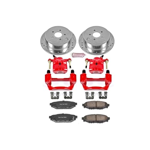 Image of PowerStop Rear Brake & Caliper Kit for Subaru Forester 2009-13 | Subaru Impreza 2008-14 - Carbon-Fiber Ceramic Brake Pads + Drilled & Slotted Rotors + Red Powder Coated Calipers, KC4631