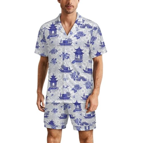 Men Soft Short Sleeve Mens Pajamas Set Blue Chinoiserie Loungewear Summer Lightweight Two Piece Sleepwear Pajamas Sets